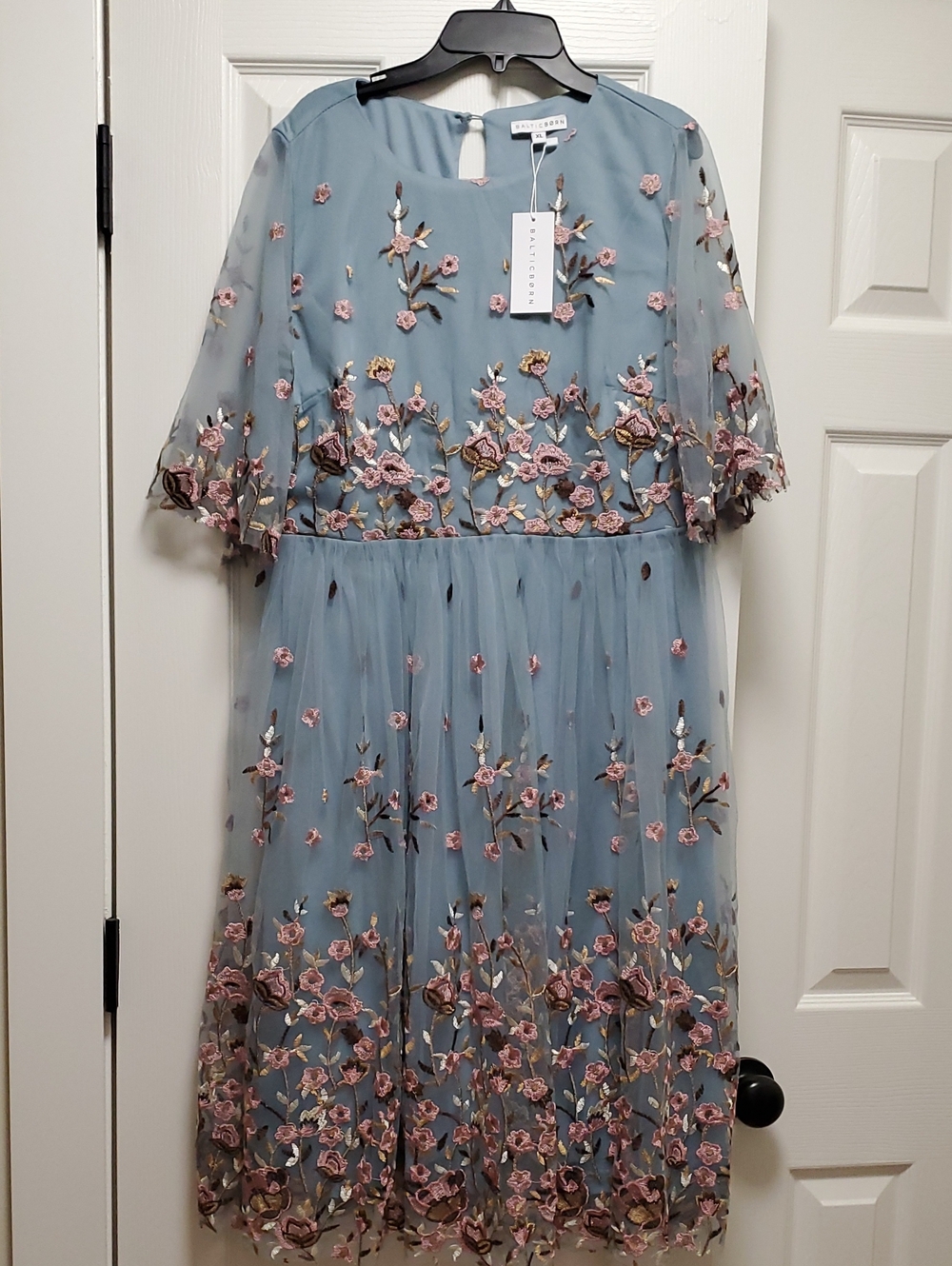 Baltic Born Dusty Blue Duchess Tulle Dress Floral Embroidery Midi Size XL